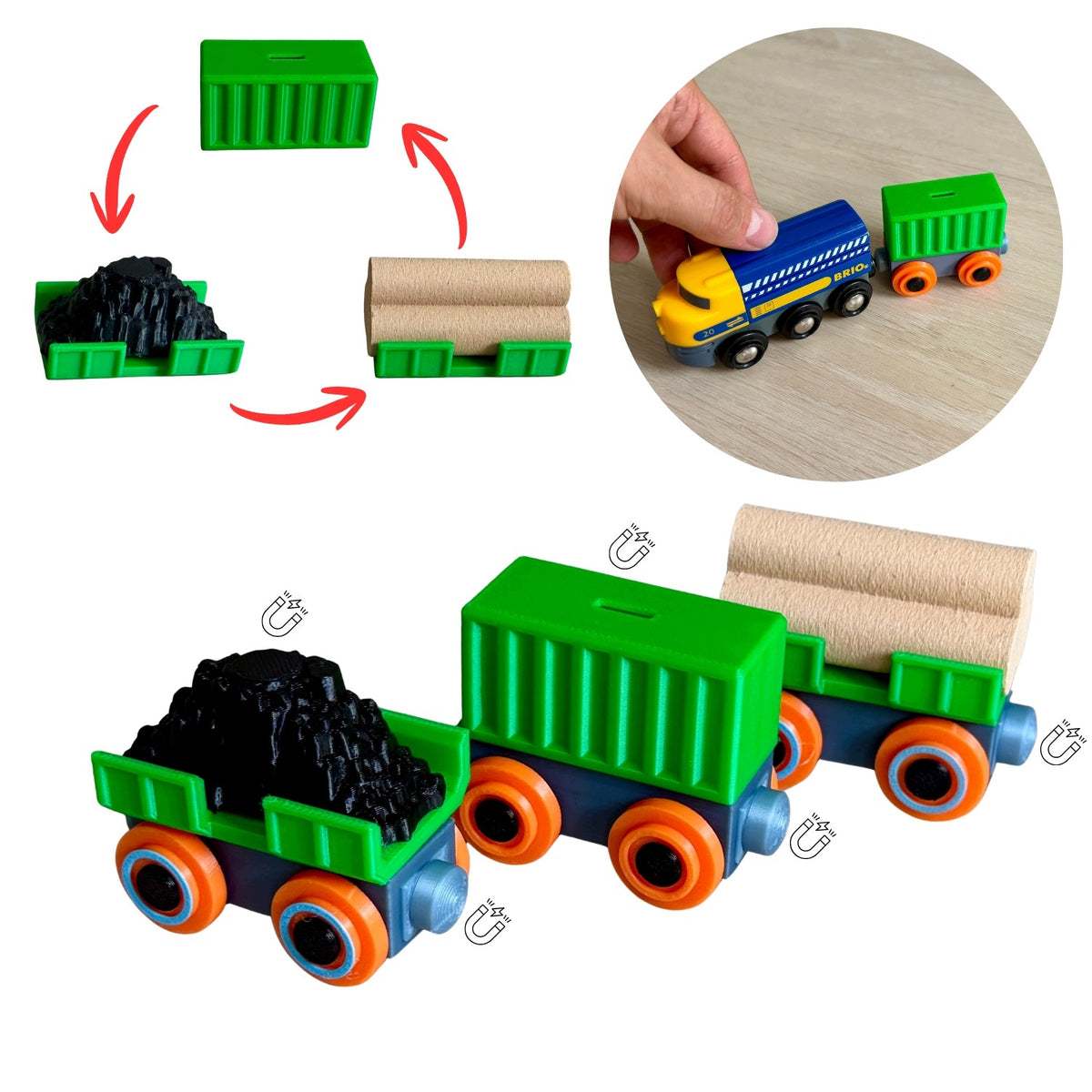 FREIGHT TRAIN +3 WAGONS FOR WOODEN TRACKS RAILWAY LOCOMOTIVE FOR MAGNET Manufacturer code POCIĄG Z MAGNESEM DO KOLEJKI DREWNIANEJ