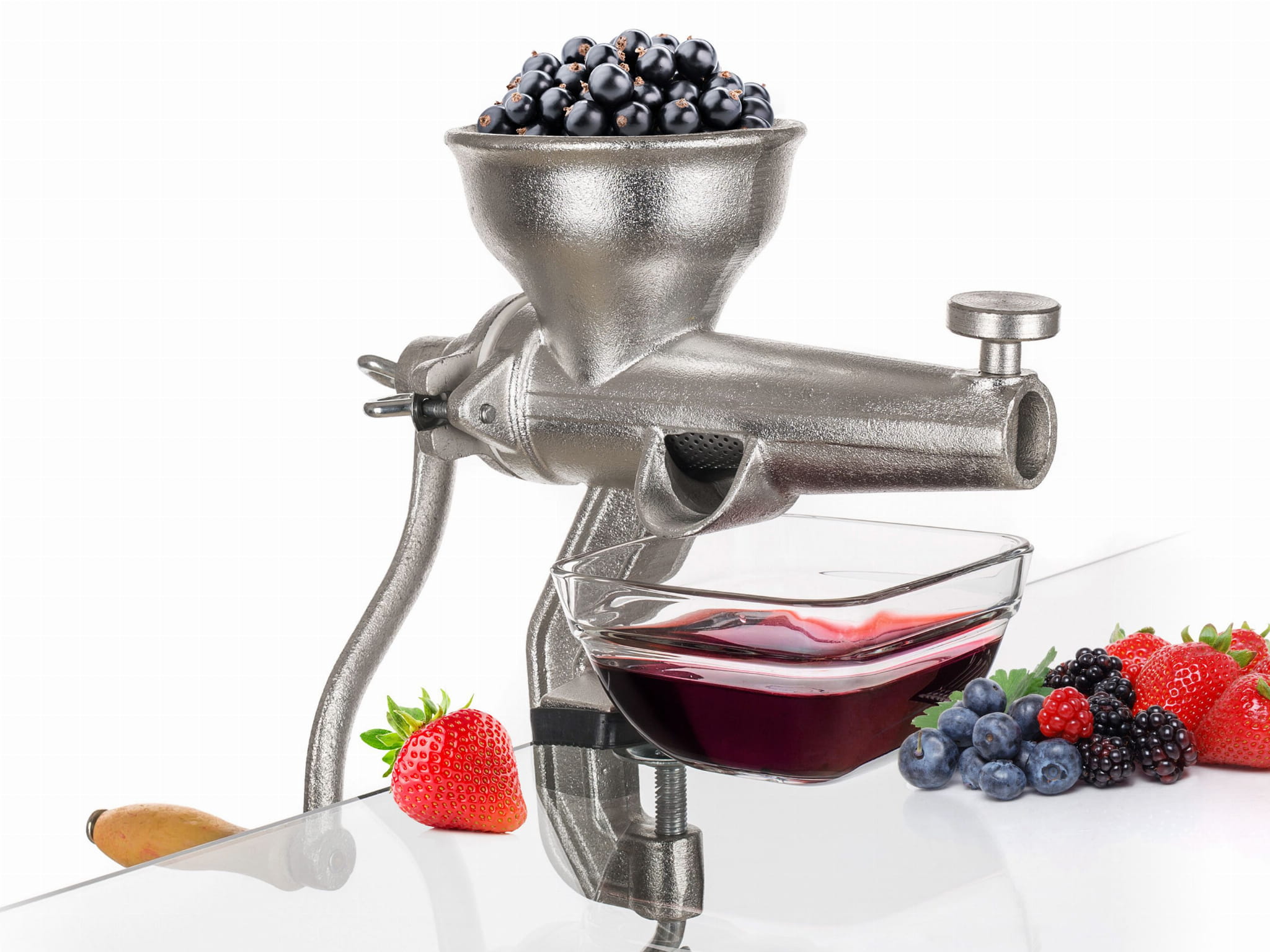 FRUIT JUICER machine JUICES cast iron manual grinder SOLIDY efficient box Packaging status original