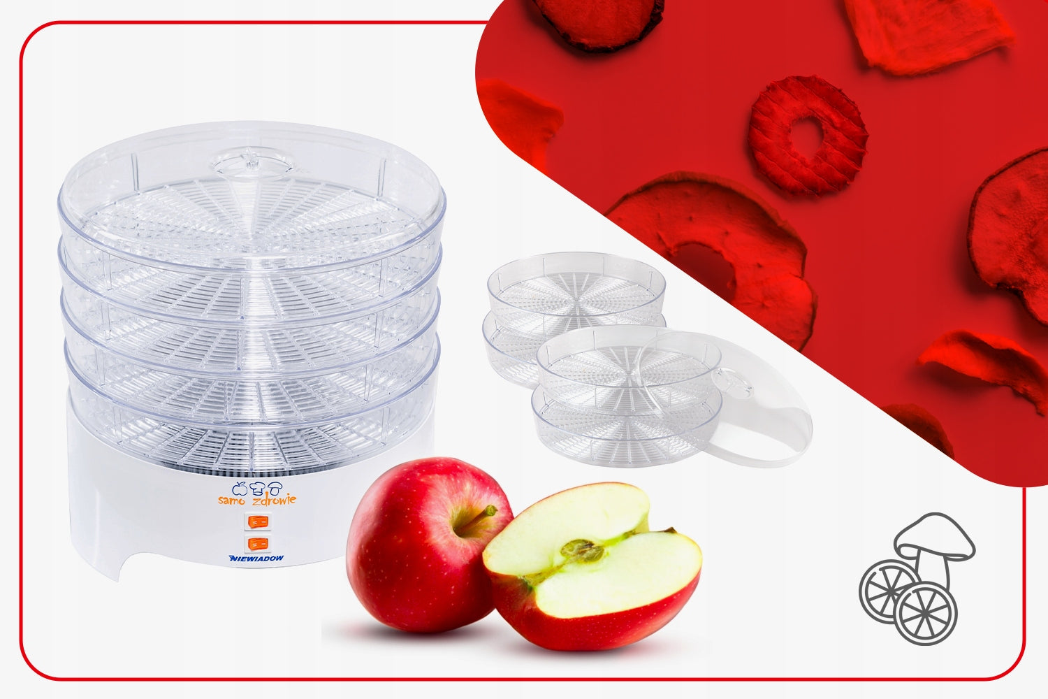 FRUIT MUSHROOM DRYER HERBS NIEWIADÓW 500W 4 SIEVES + FREEBIE KNIFE Manufacturer code SUSZARKA DO GRZYBÓW OWOCÓW SPOŻYWCZA