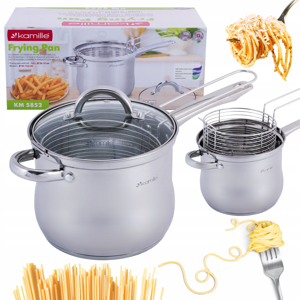 FRYING POT FOR COOKING PASTA VEGETABLES WITH STRAINER 3,5L KAMILLE