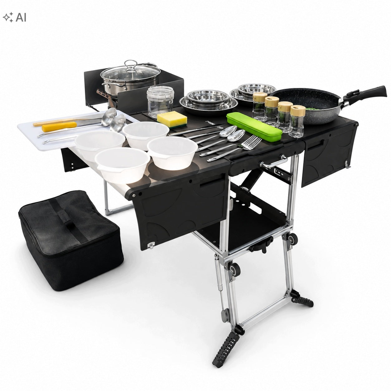 FULLY EQUIPPED CAMPING KITCHEN TOURIST FOLDING SUITCASE TABLE