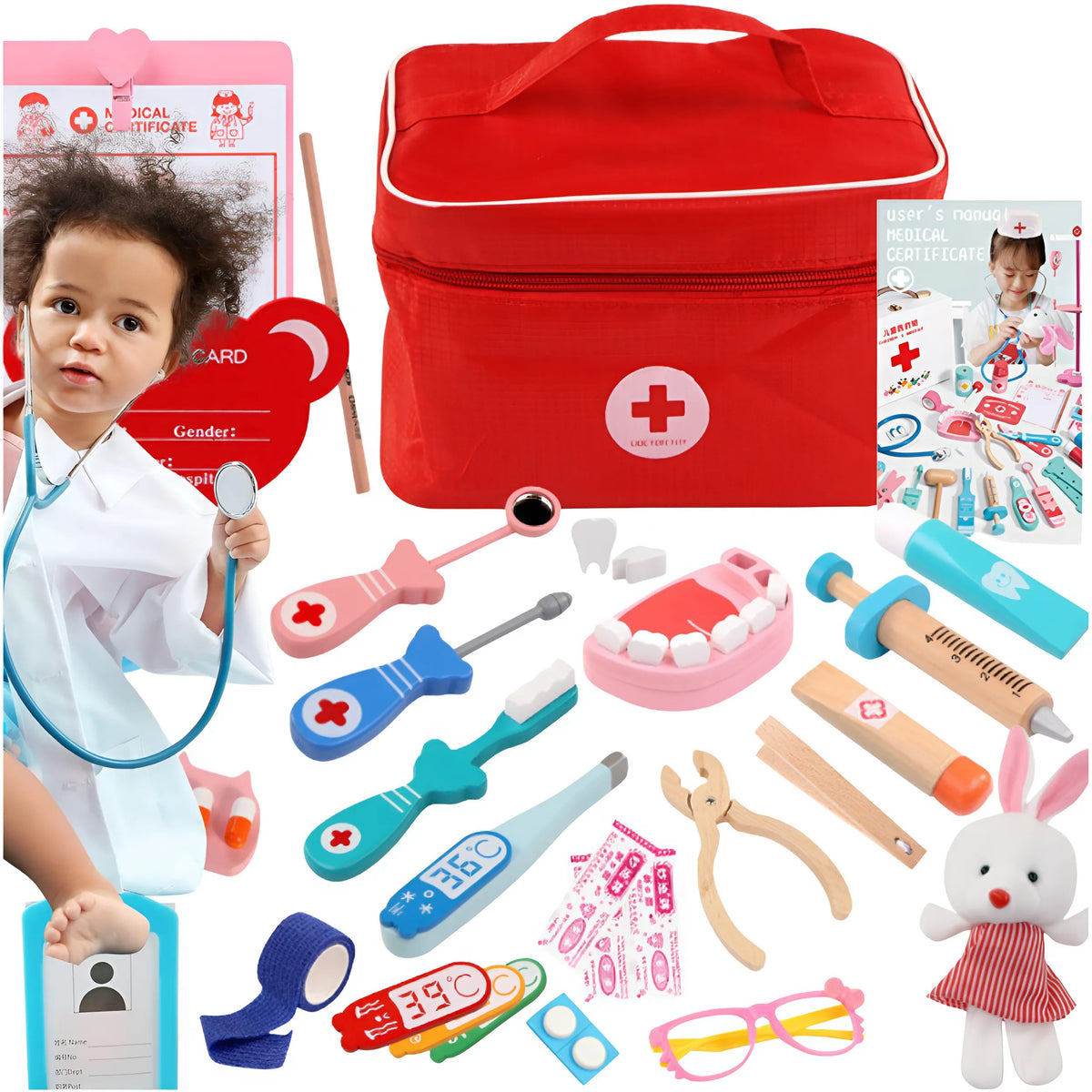 FUN DOCTOR SMALL DOCTOR MEDICAL KIT FOR CHILDREN PATIENT WOODEN XXL Manufacturer code ZESTAW LEKARSKI DLA DZIECI DOKTOR XXL MEMFLOW