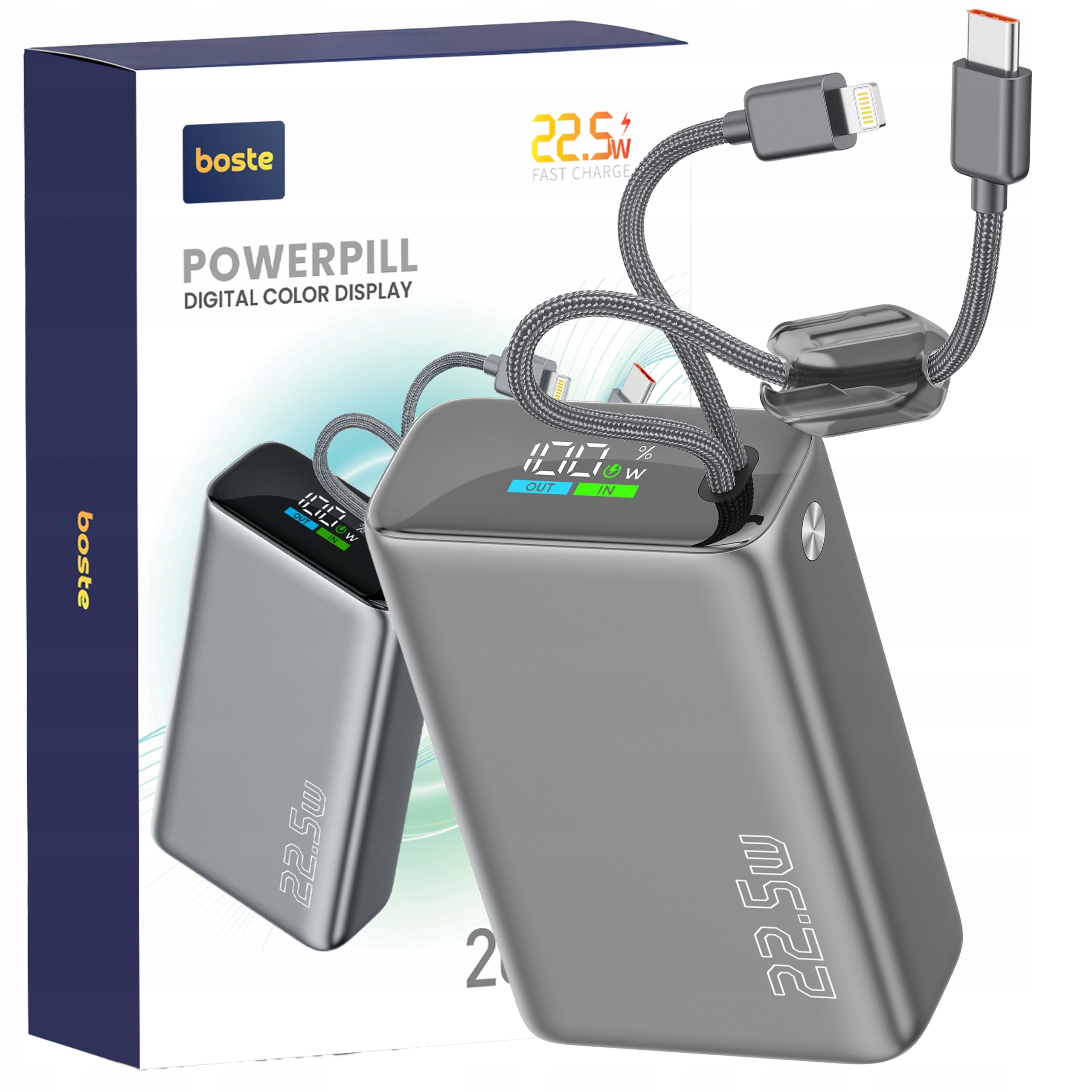 Fast Power Bank 20000mAh 22.5W Strong Safe With USB-C Lightning Cables