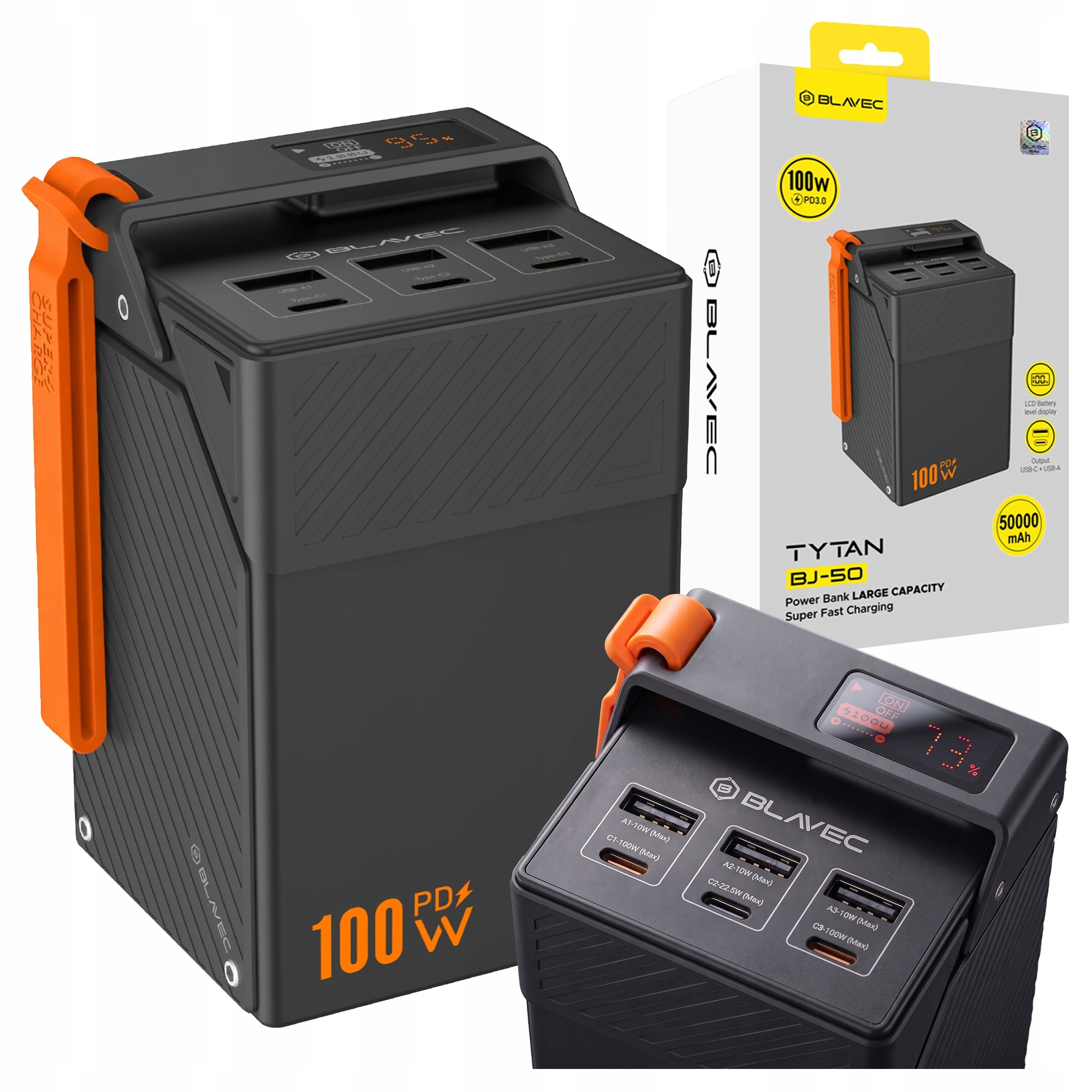 Fast Powerbank 50000 mAh 100W PD 3xUSB-C USB-A Travel Power Bank Blavec