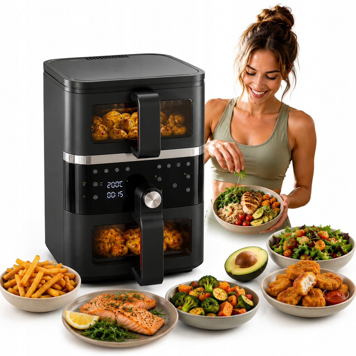 Fat Free Double Chamber Fryer 10L Air Fryer Comida 2500W 10xprogram