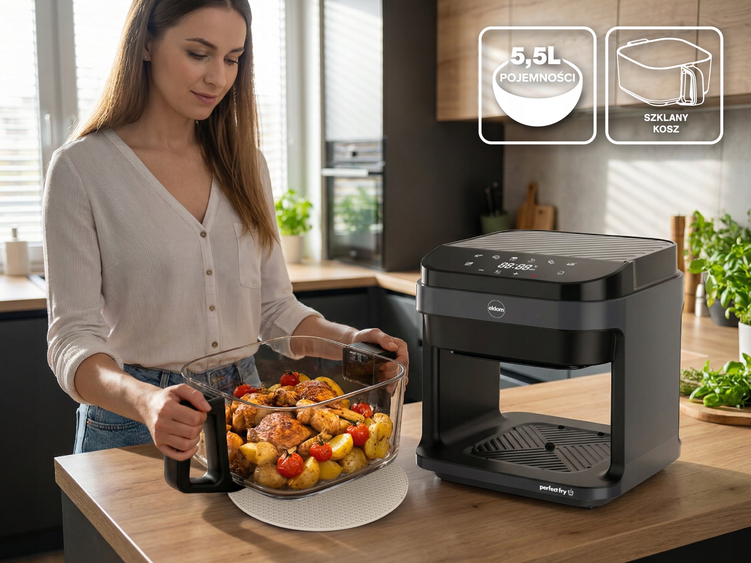 Fat Free Fryer FR500 Eldom Glass Container 5,5L 1200W air fryer Brand Eldom