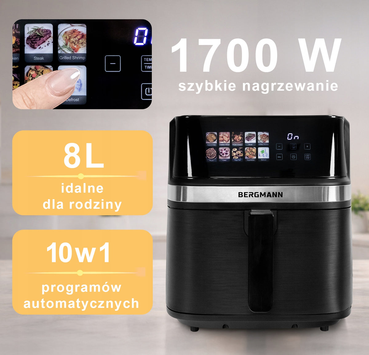 Fat-free air fryer 8L AIR FRYER BERGMANN 1700W 10 PROGRAMS +BOOK Packaging status original