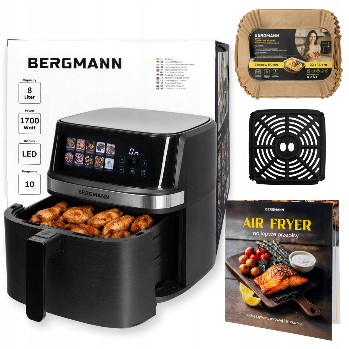 Fat-free air fryer 8L AIR FRYER BERGMANN 1700W 10 PROGRAMS +BOOK