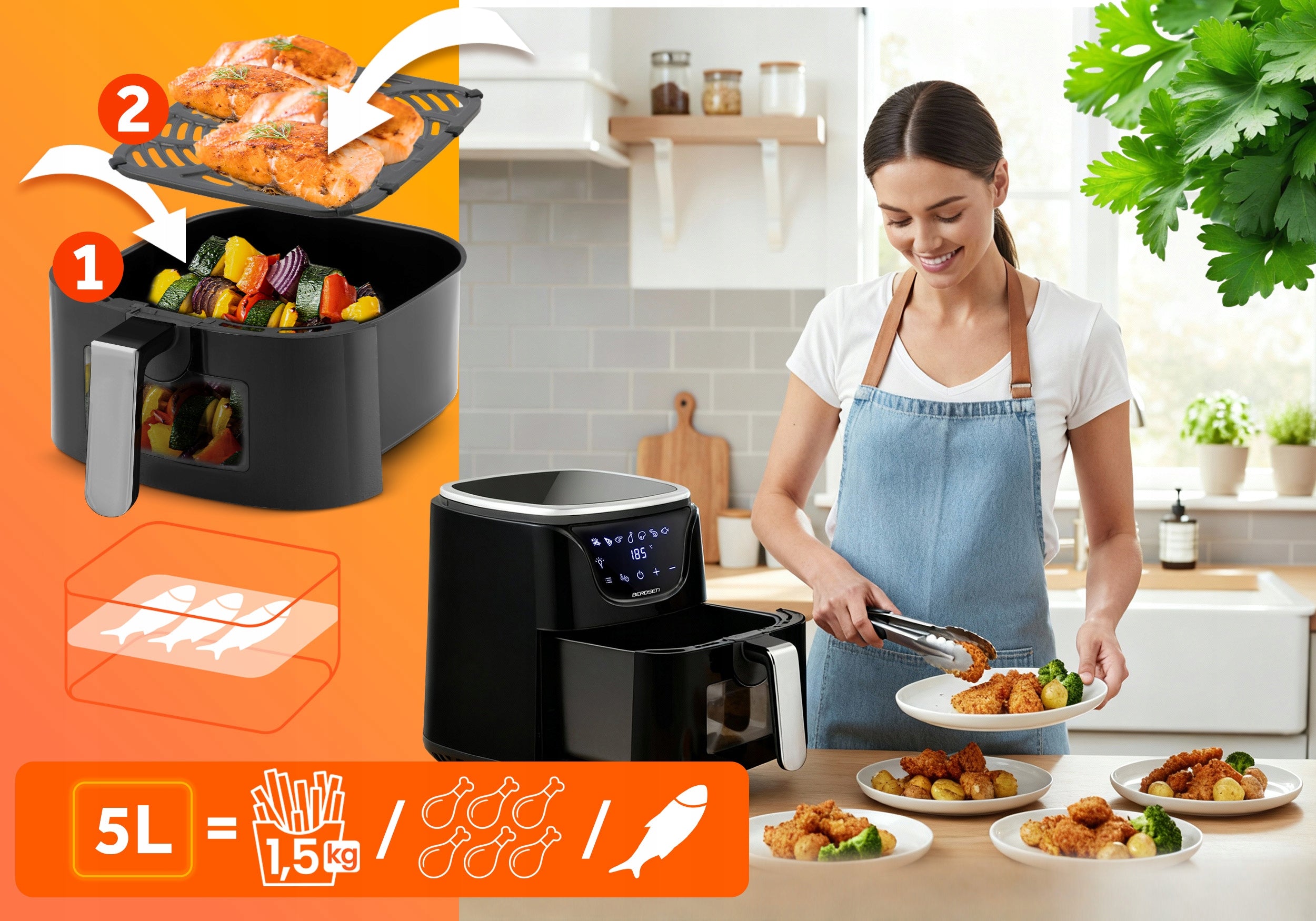 Fat-free air fryer Air Fryer 5L Berdsen 1500W Brand Berdsen
