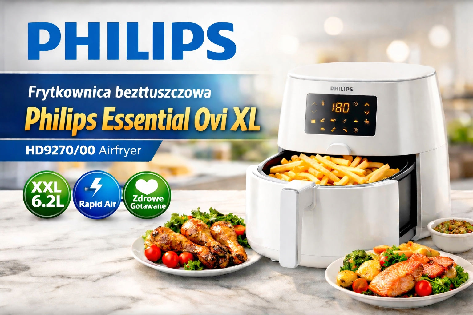 Fat-free air fryer Philips Ovi XL 2000W Airfryer 6,2l HD9270/00 Dominant color white