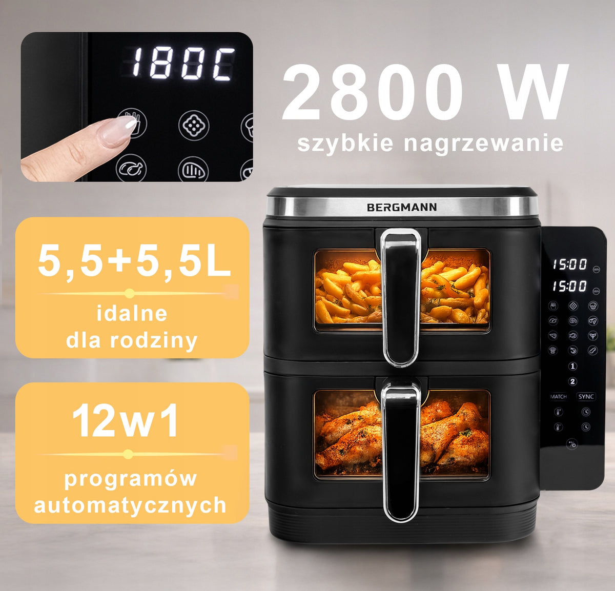 Fat-free two-chamber air fryer 11L AIR FRYER BERGMANN 12 PROGRAMS Packaging status original