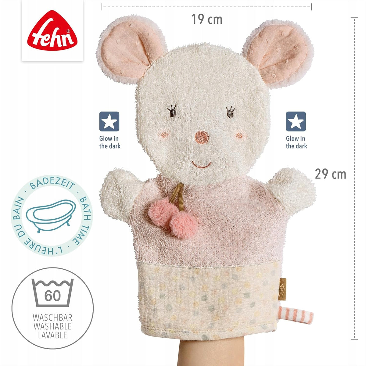 Fehn Mouse wash glove – washcloth with animal motif and embroidery Brand Fehn