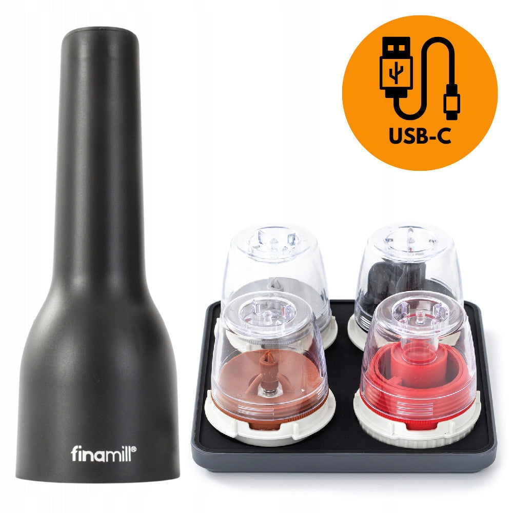 FinaMill - BBQ USB Electric Grinder Set + 4 Containers + Stand