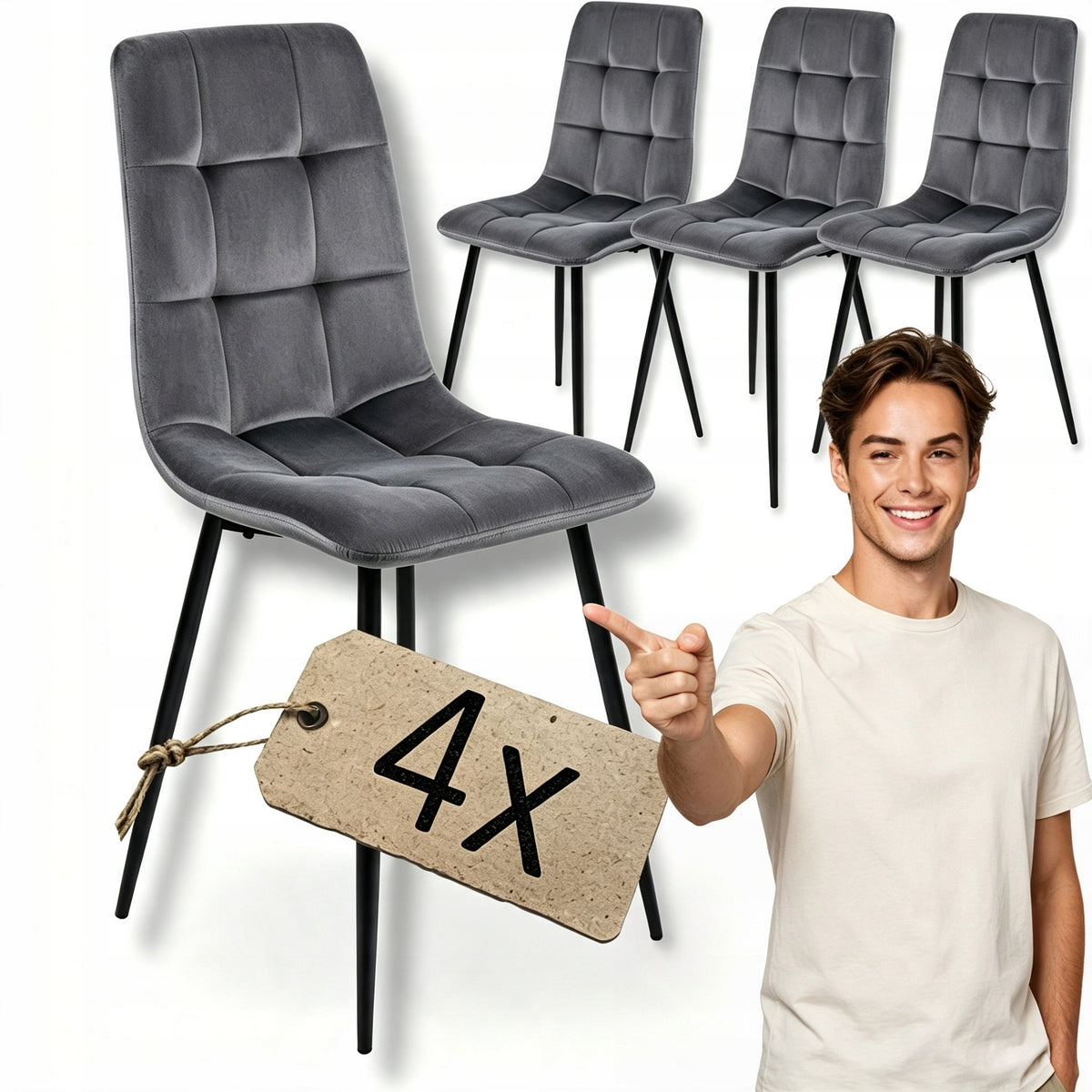 Final Sale 4 Pcs Grey Velour Chair Upholstered Living Room Dining Room