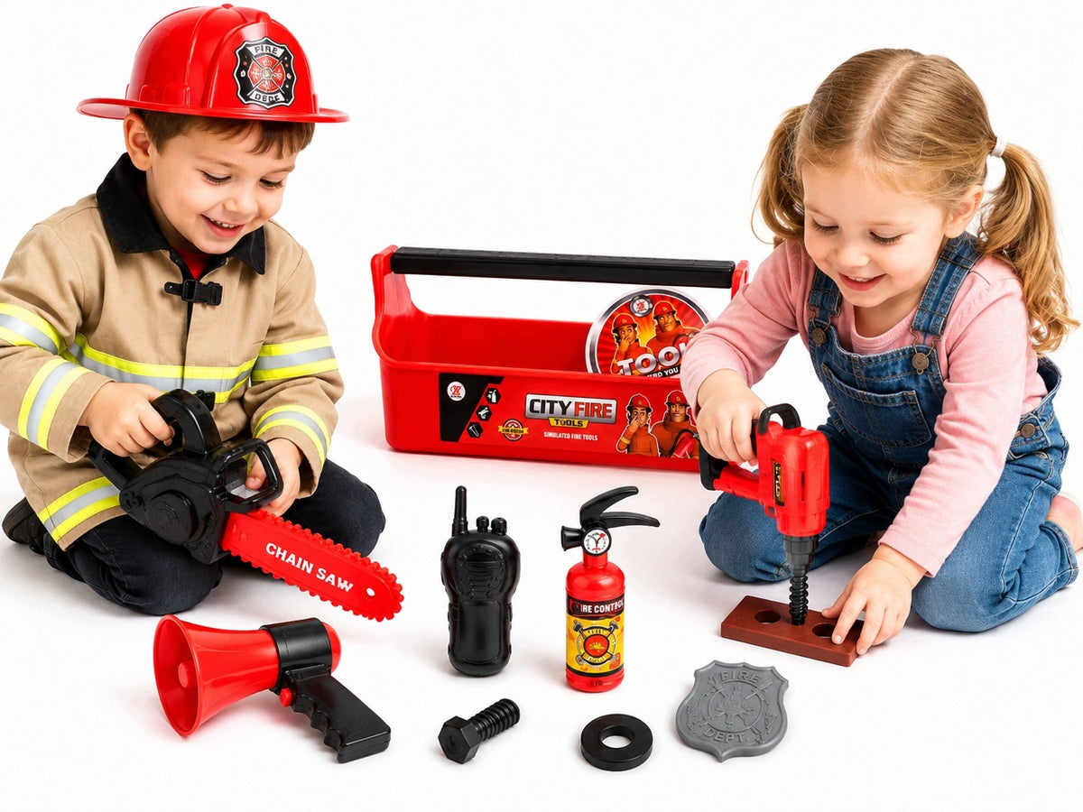 Firefighter Kit for Kids Tools Box Saw Drill Fire Extinguisher Packaging status original