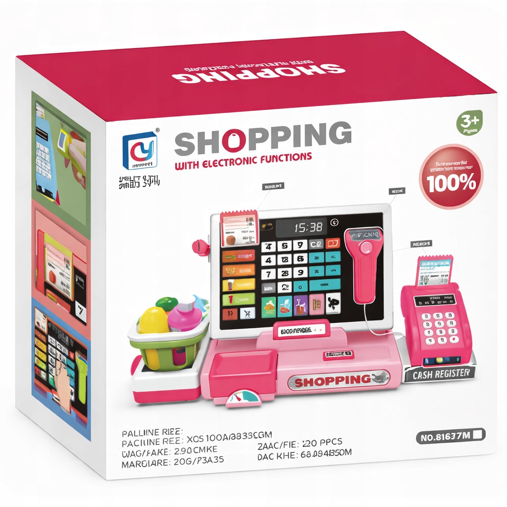Fiscal Cash Register for Children Shop Calculator Scanner Sound Basket Weight Packaging status original