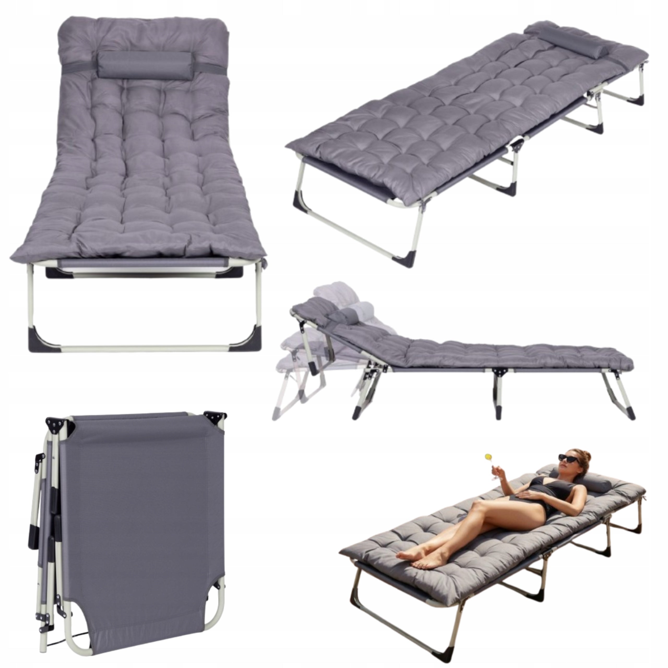 Fishing Lounger Folding With Mattress And Pillow Grey Garden Bed