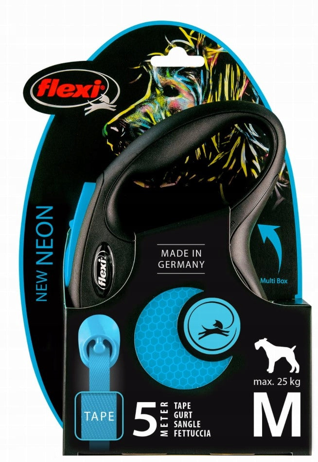 Flexi New Neon Automatic Dog Leash Tape M Blue 5 meters Brand Flexi