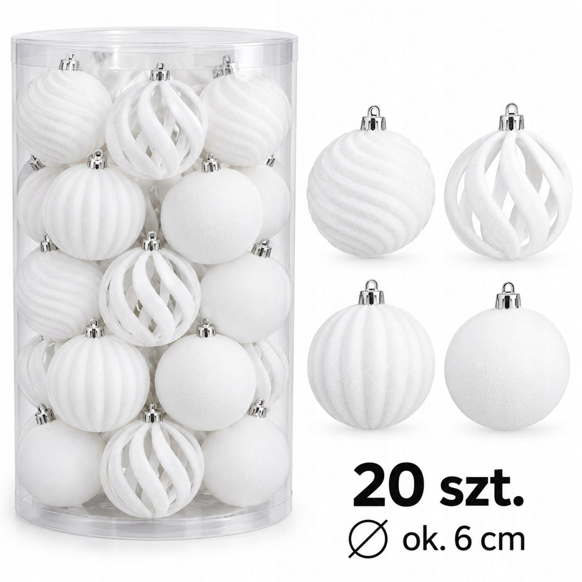 Flocked CHRISTMAS TREE BAUBLES SET OF 6CM CHRISTMAS TREE BAUBLES 20 PCS white