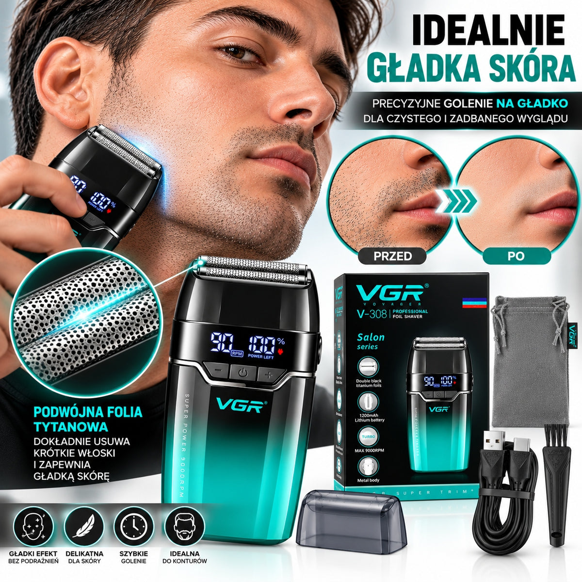 Foil Shaver VGR V-308 Male Shaver for Beard Cordless 9000 RPM Manufacturer code V-308