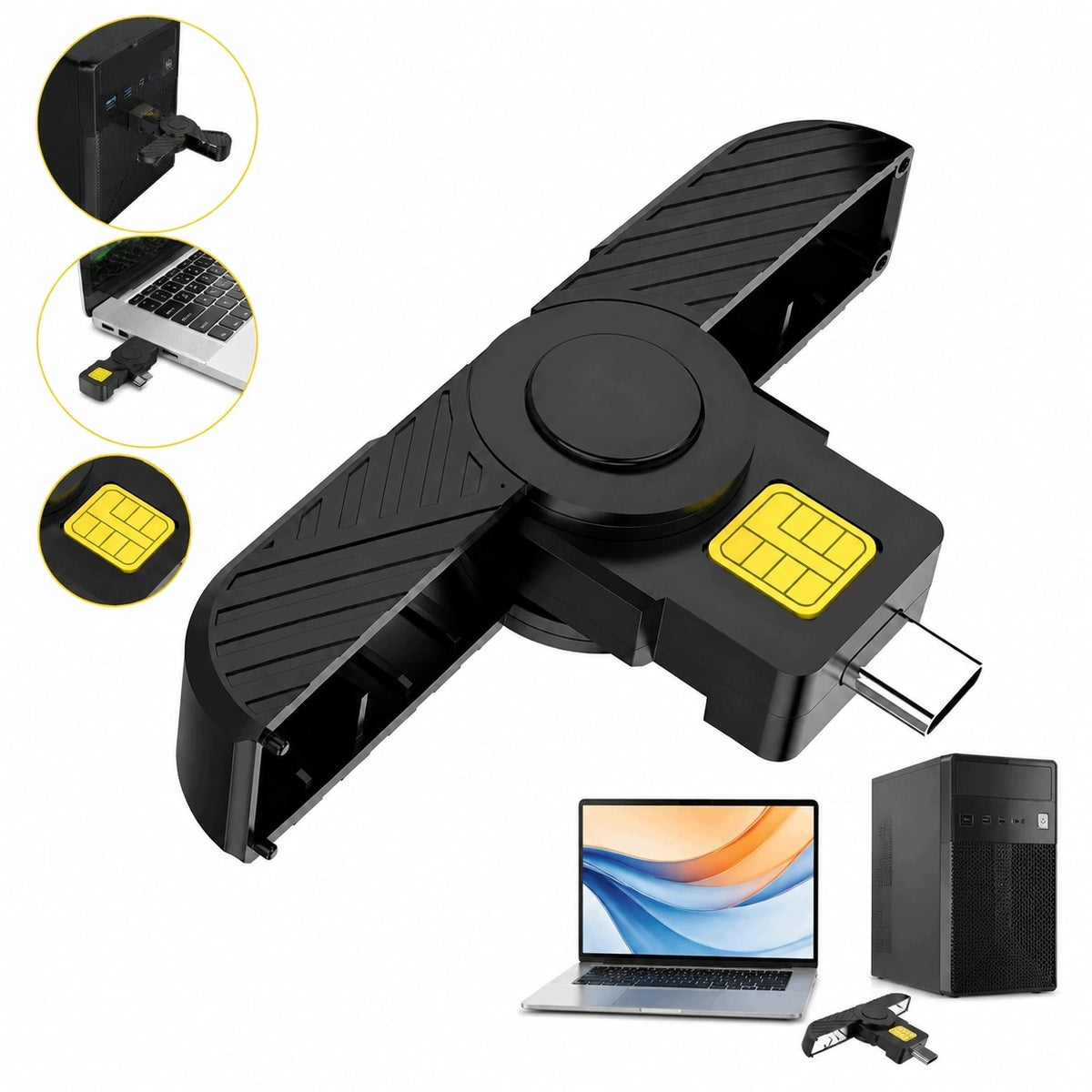 Foldable USB-C card reader for SIM, ID and CAC, without drivers