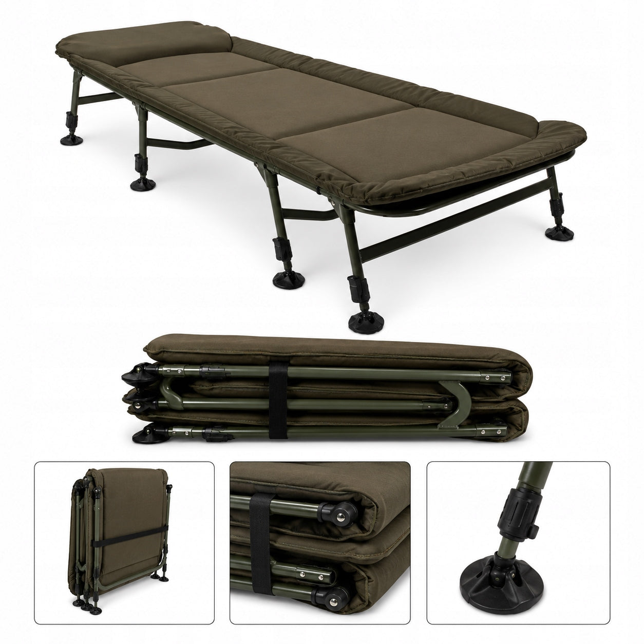 Folding Bed Adjustable Fishing Camping Comfortable 185kg 90x208 cm