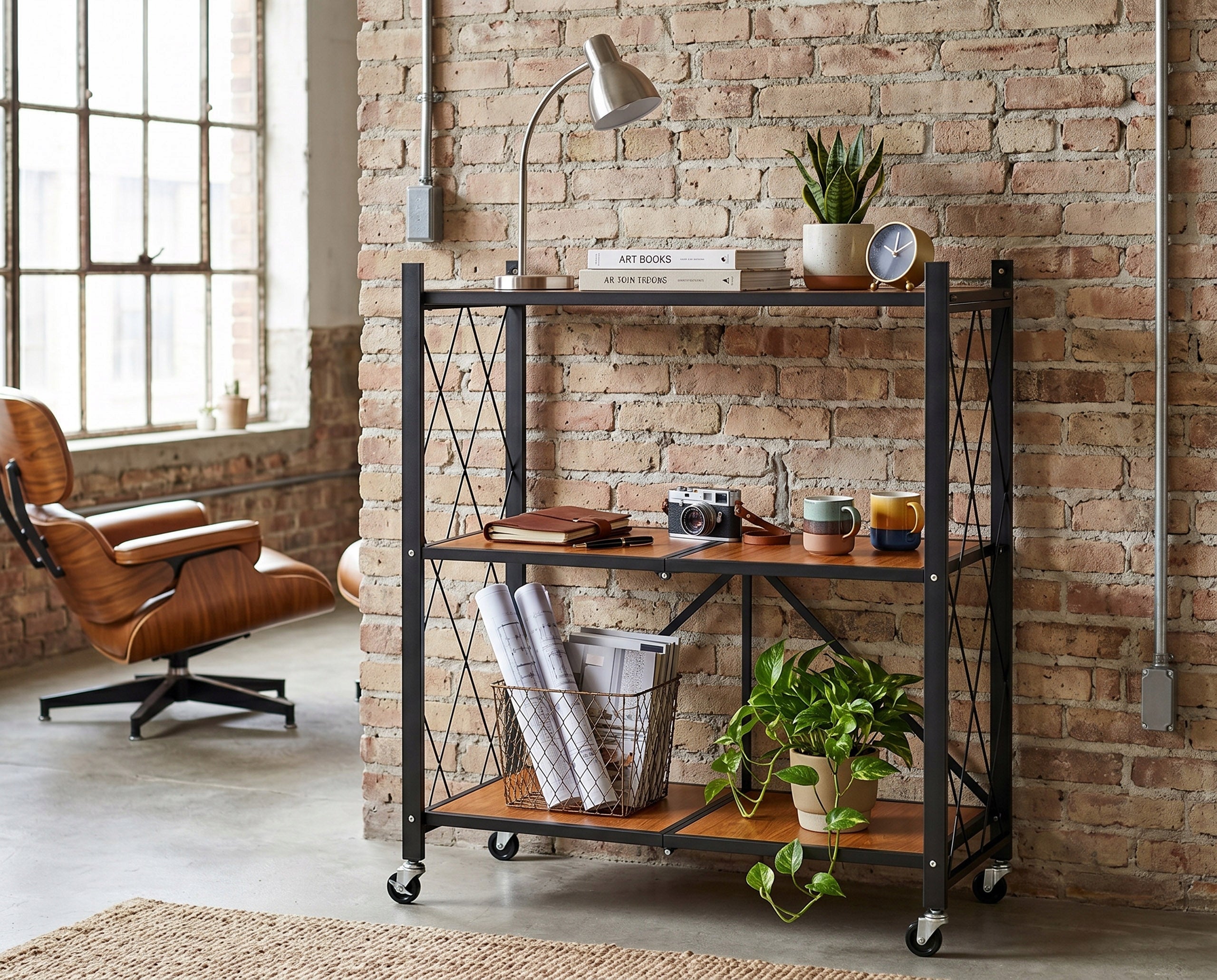 Folding Bookcase Mobile Metal On Wheels 3 Shelves Loft Wood Pattern 70cm Packaging status original