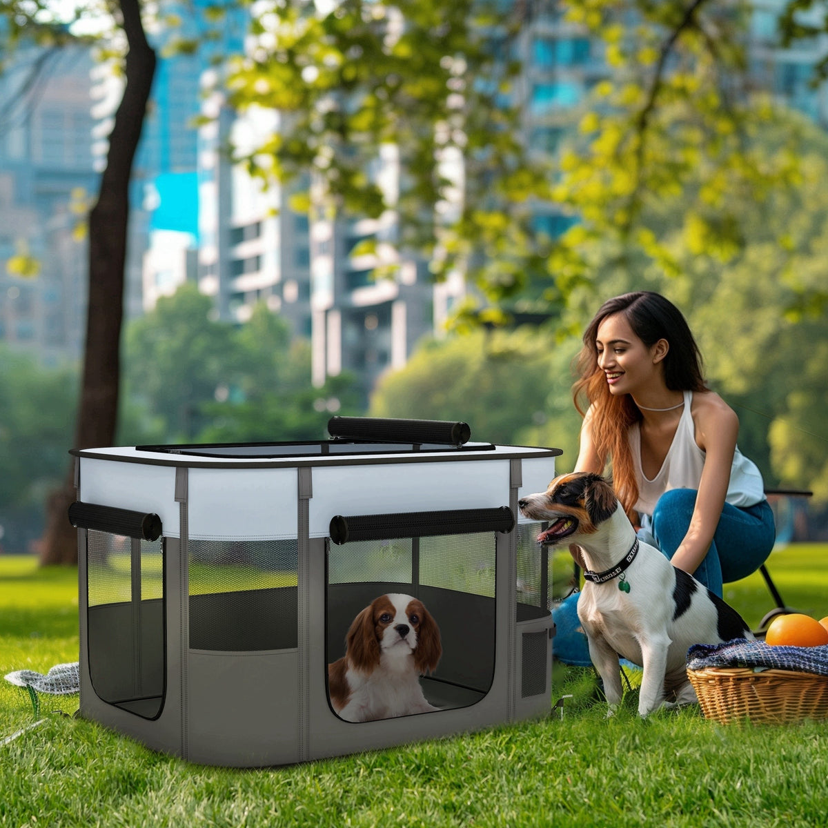 Folding dog playpen made of Oxford fabric and breathable mesh 84x64x53 cm Packaging status original