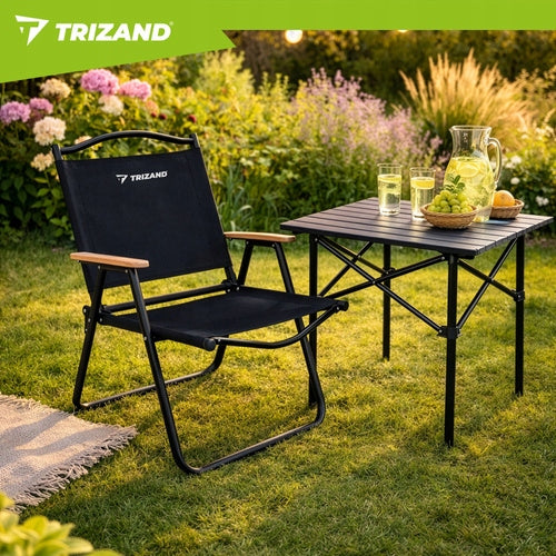 Folding garden chair with wooden armrests, black balcony, Packaging status original