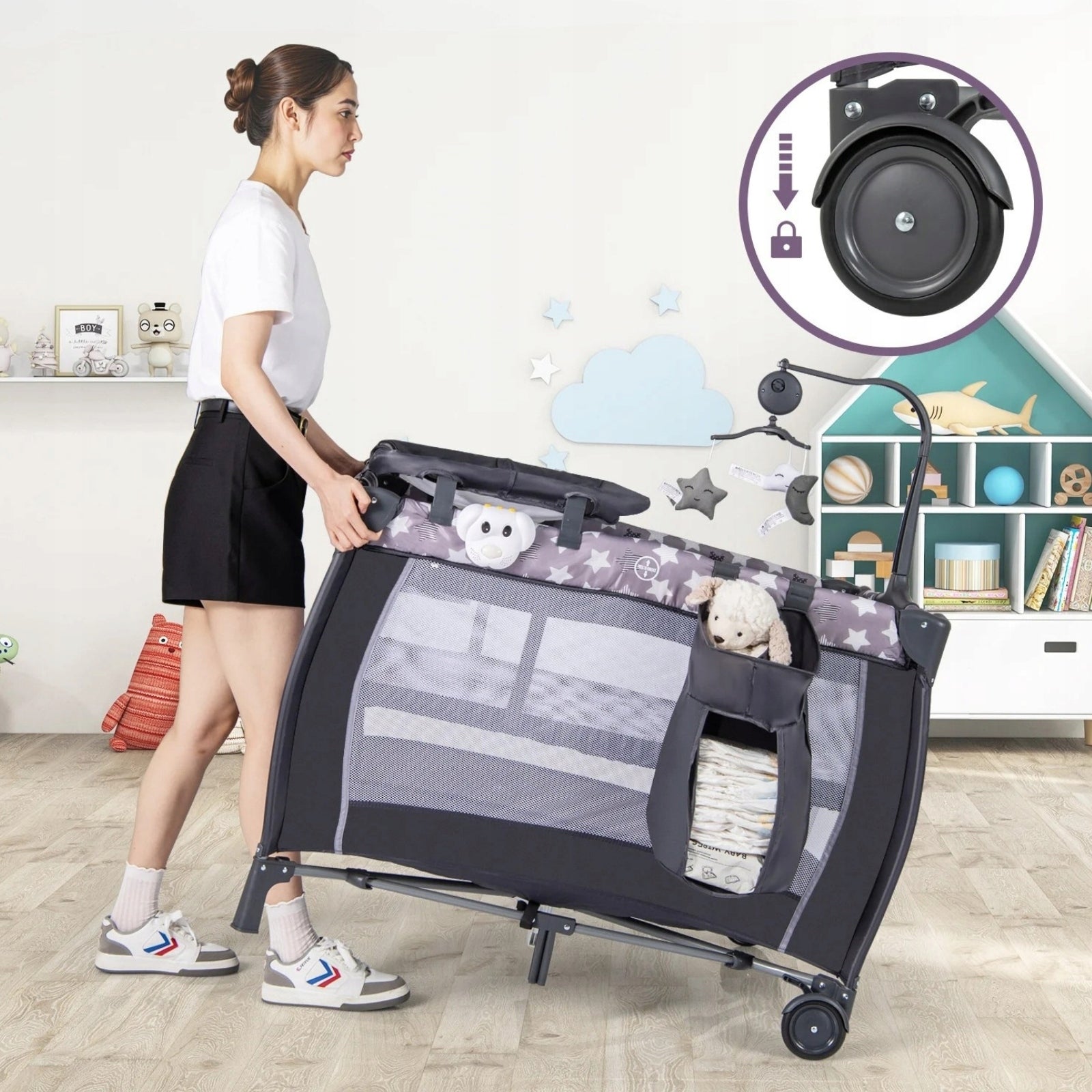 Folding playpen for babies Multifunctional bed on wheels Product width 72 cm