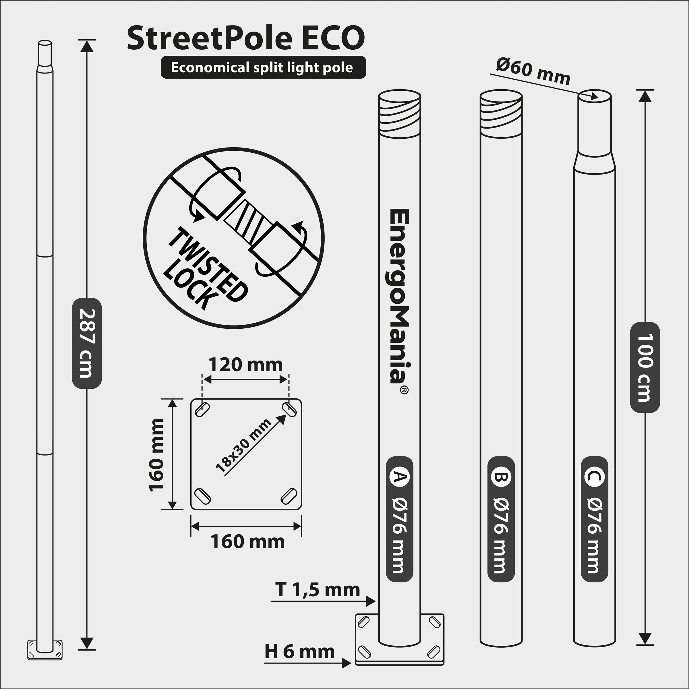 Folding road pole Ø76mm 16x16cm StreetPole 3m flag antenna camera mast Packaging status original