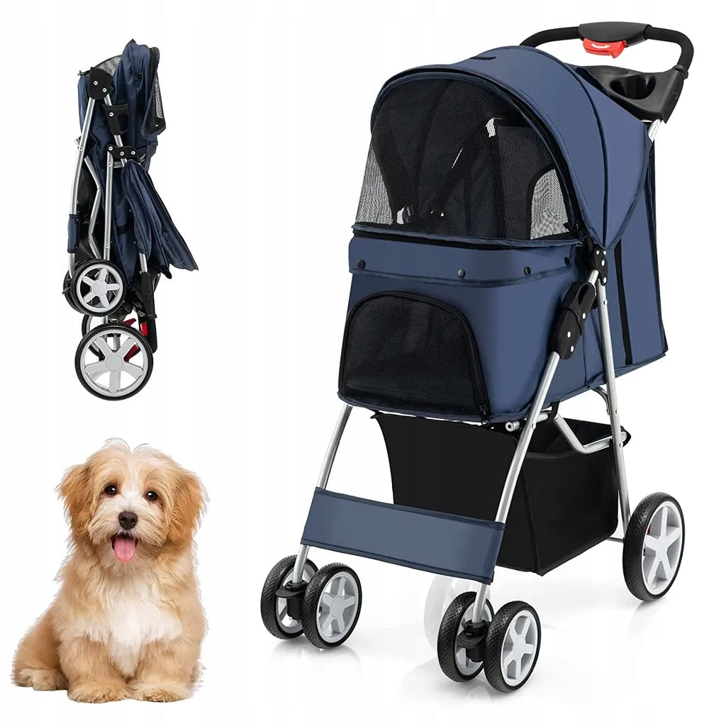 Folding small animal stroller for cat dog up to 15kg on 4 wheels