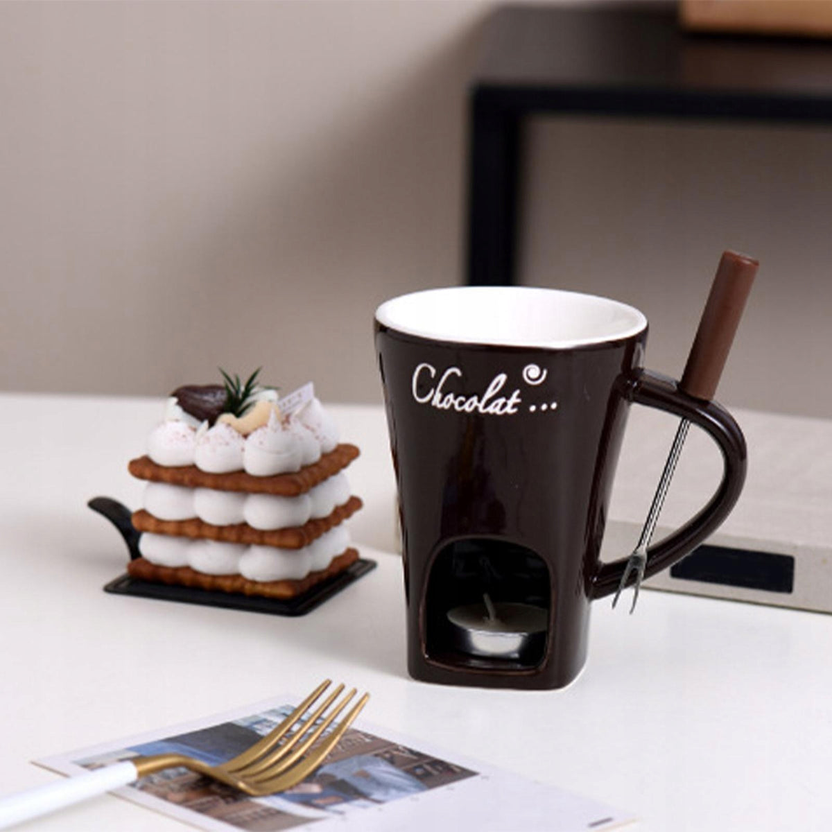 Fondue Mug Coffee Cup Anniversary Home Melting Mug Butter Warmer brown