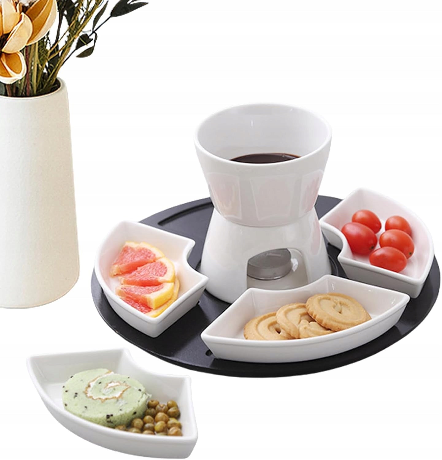 Fondue Set with Tray, 4 Porcelain Bowls +4 Forks,11-Piece
