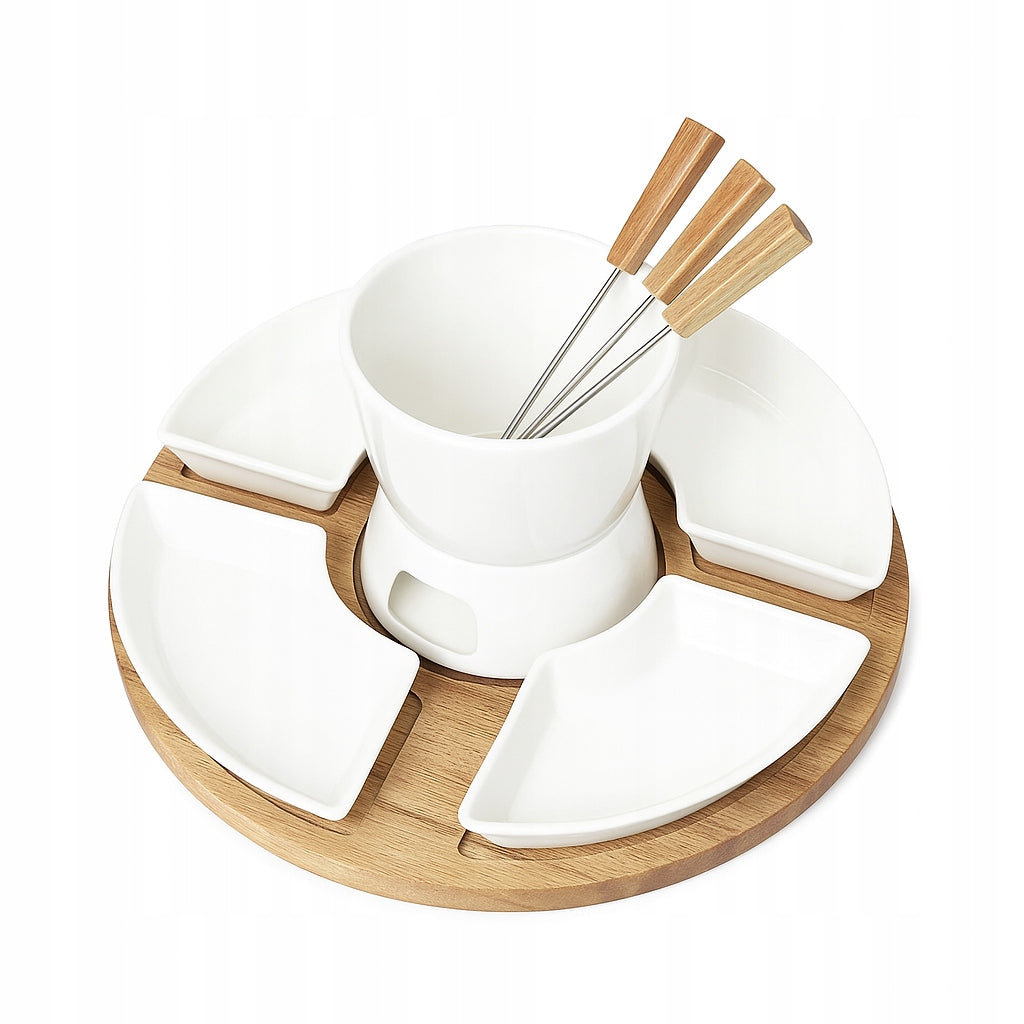 Fondue Set with Wood Tray, 4 Porcelain Bowls + 4 Forks