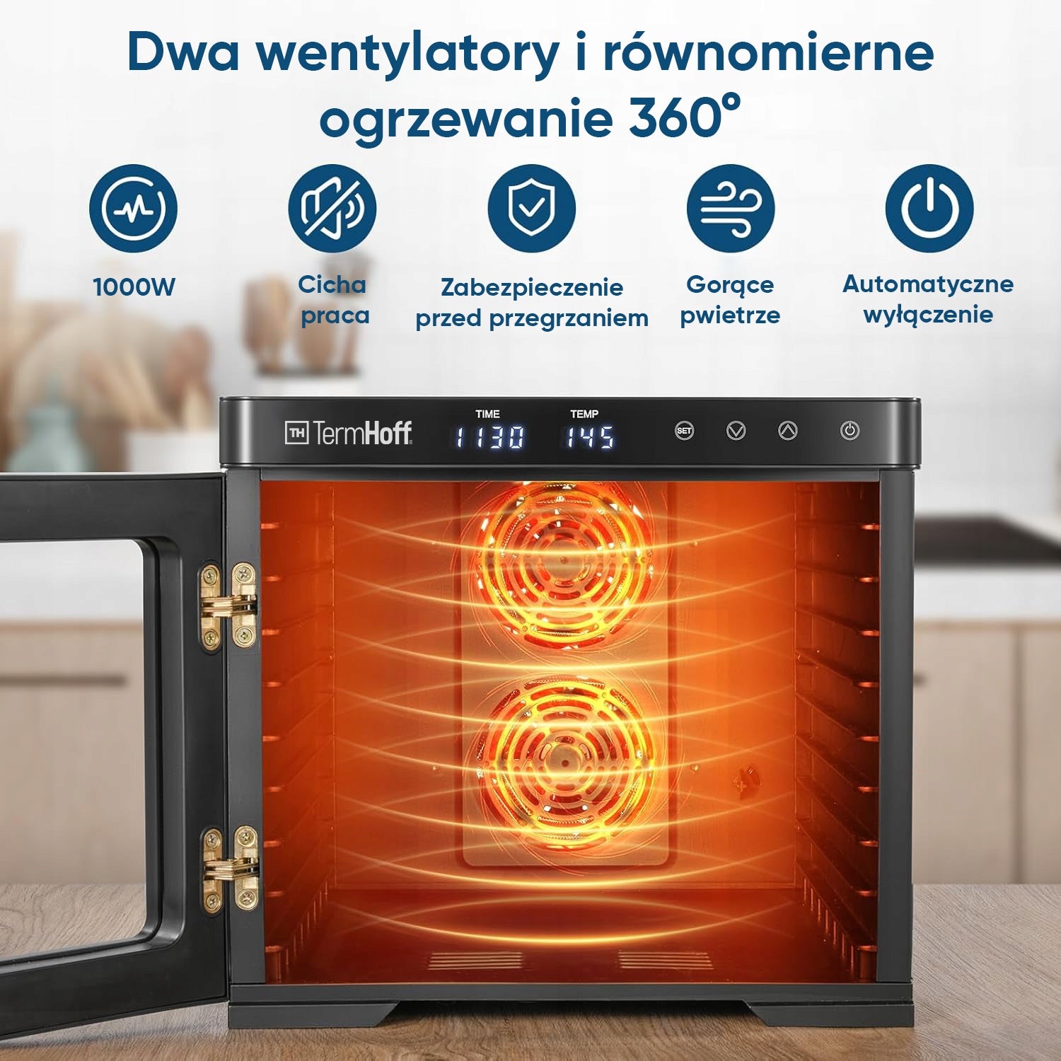 Food Dryer TermHoff 1000W Temperature Control Timer Display Manufacturer code Profesjonalna Suszarka Spożywcza 9 Tacek INOX