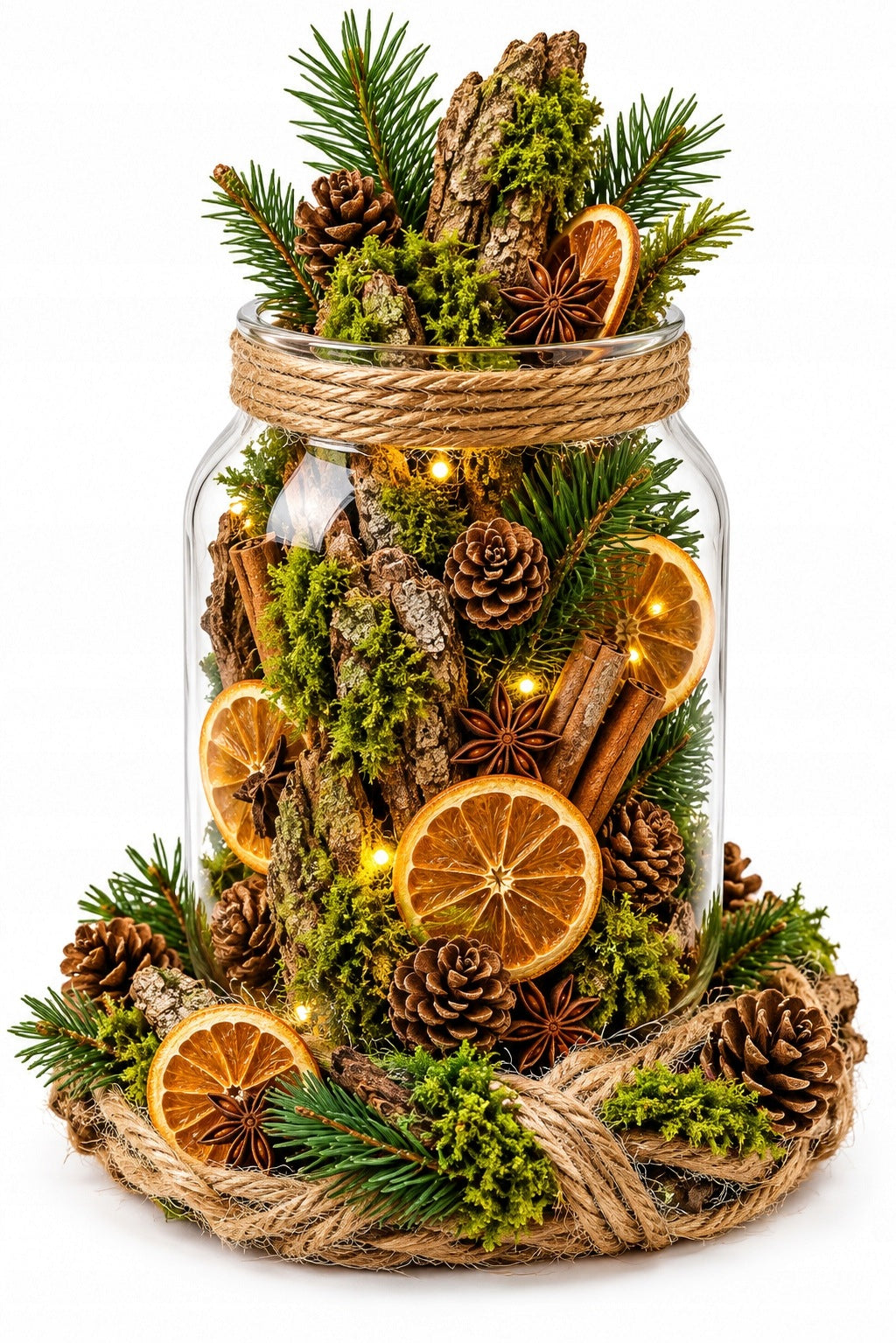 Forest decoration in a jar with a wreath – gift, rustic reed