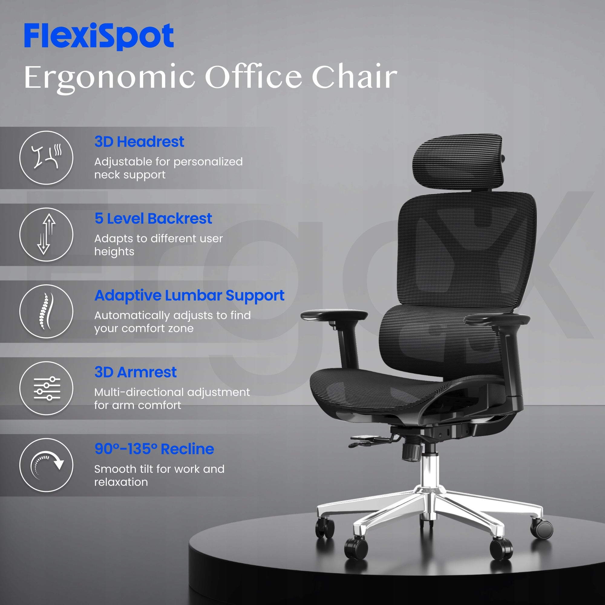 Fotel Biurowy FLEXISPOT Ergox Regulacja 5D Adaptacyjne Lędźwie Siatka 135° Packaging status original