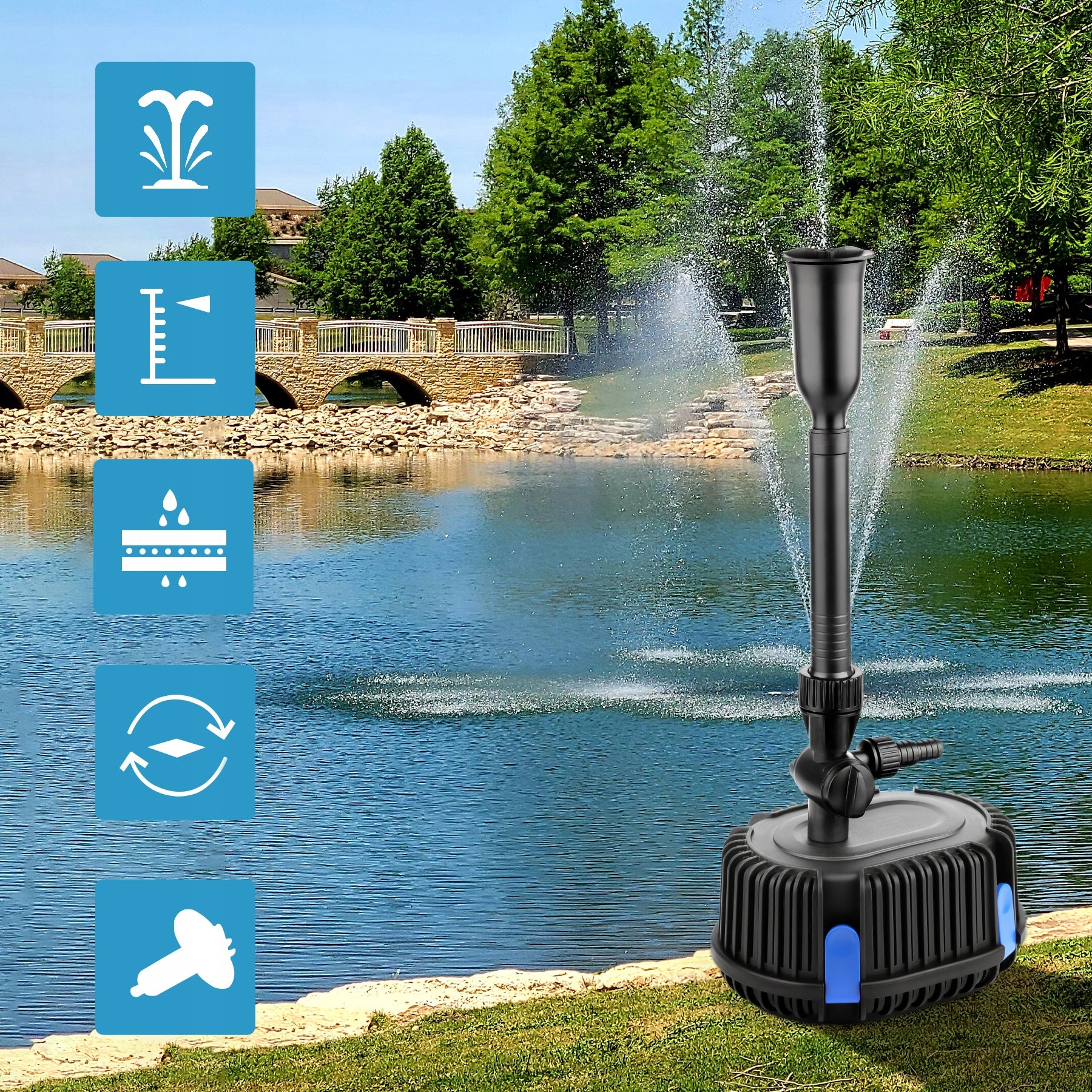 Fountain pump for pond and cascades 1000L/h 20W with filter,3 nozzles Packaging status original