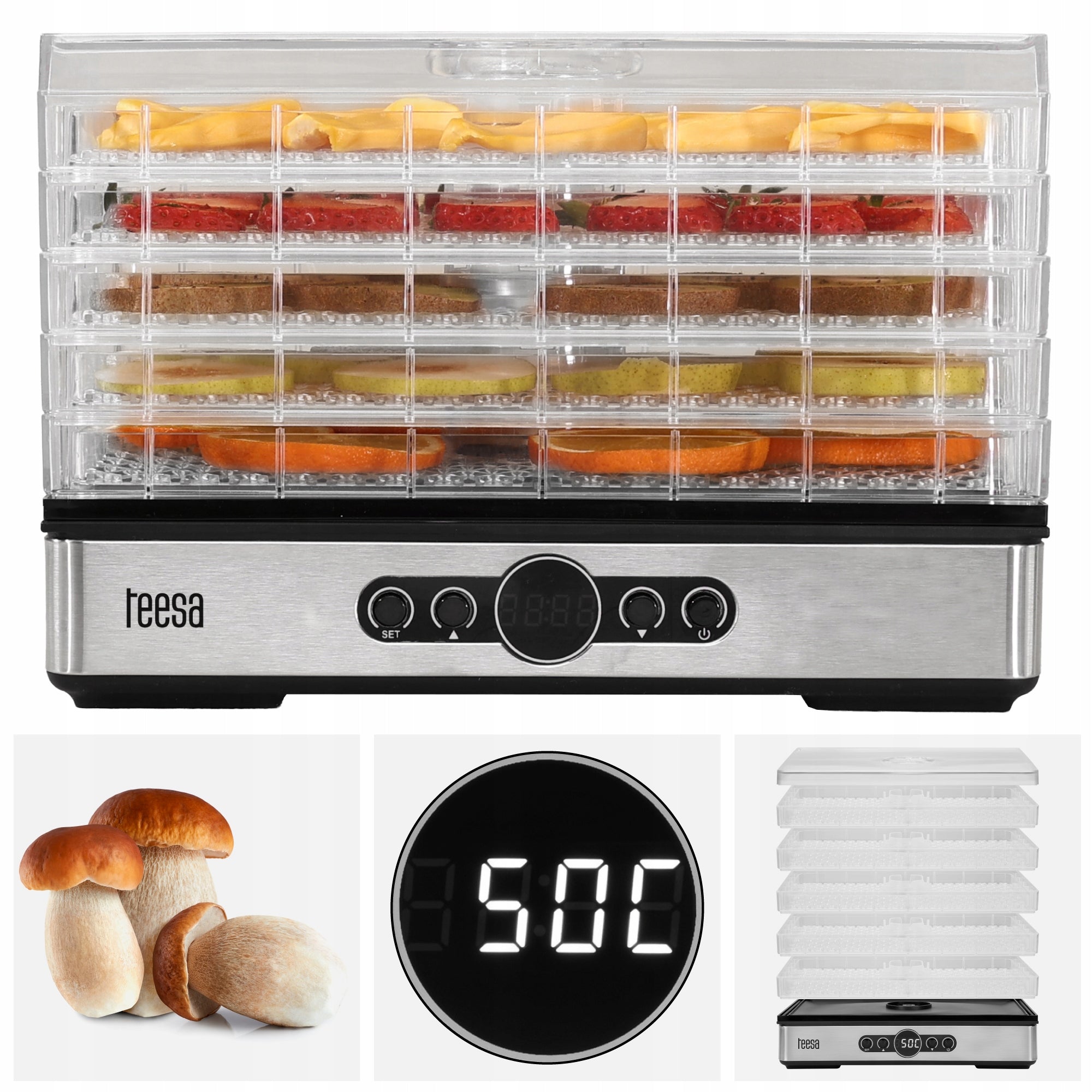 Fruit Vegetable Mushroom Dryer 400W 5 Sits Thermocouple Display Teesa