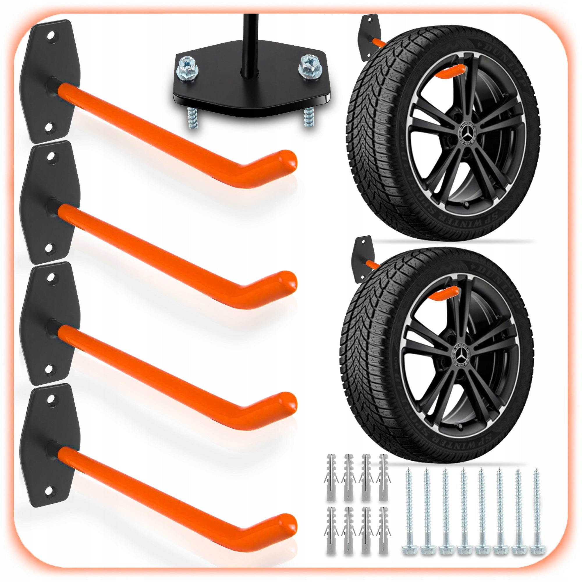 GARAGE WALL MOUNTS 4PCS TIRE HANGERS BICYCLE TOOLS HOOKS 60 KG Packaging status original