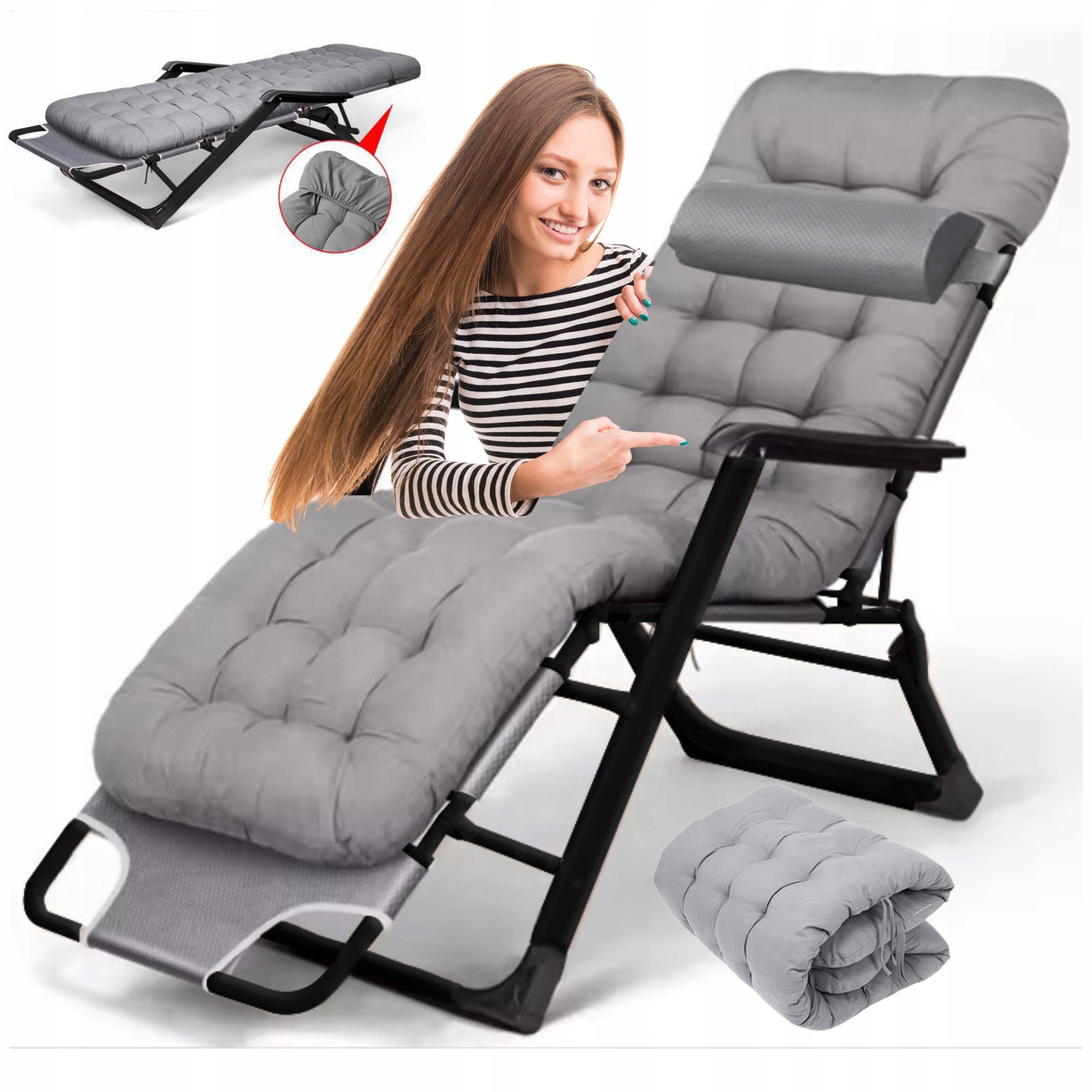 GARDEN BEACH CHAIR CUSHION FOLDING COMFORTABLE GREY IDEAL GARDEN