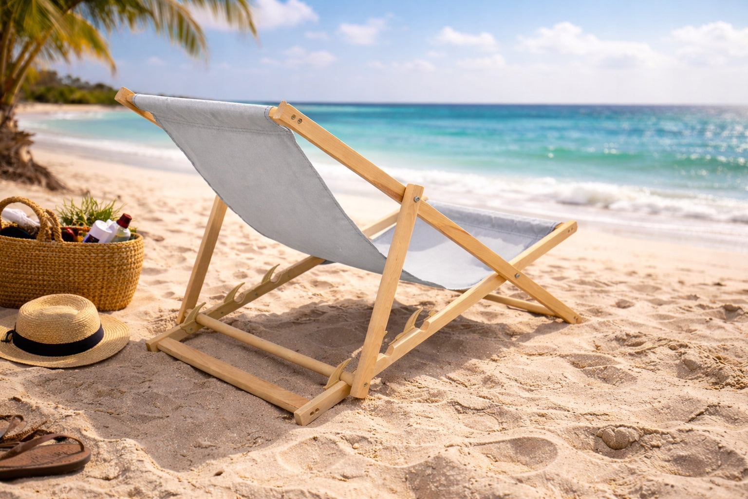 GARDEN BEACH CHAIR WOODEN FOLDING STRONG WOODOK LIGHT GRAY FABRIC Kind sunbed