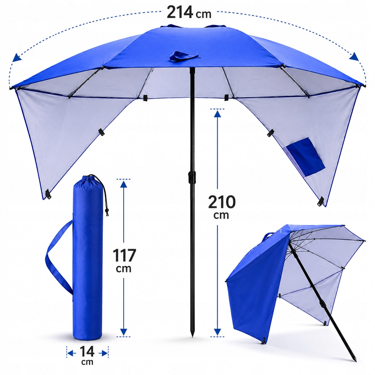 GARDEN BEACH UMBRELLA 214 cm Folding with Side Guards Adjustable Packaging status original