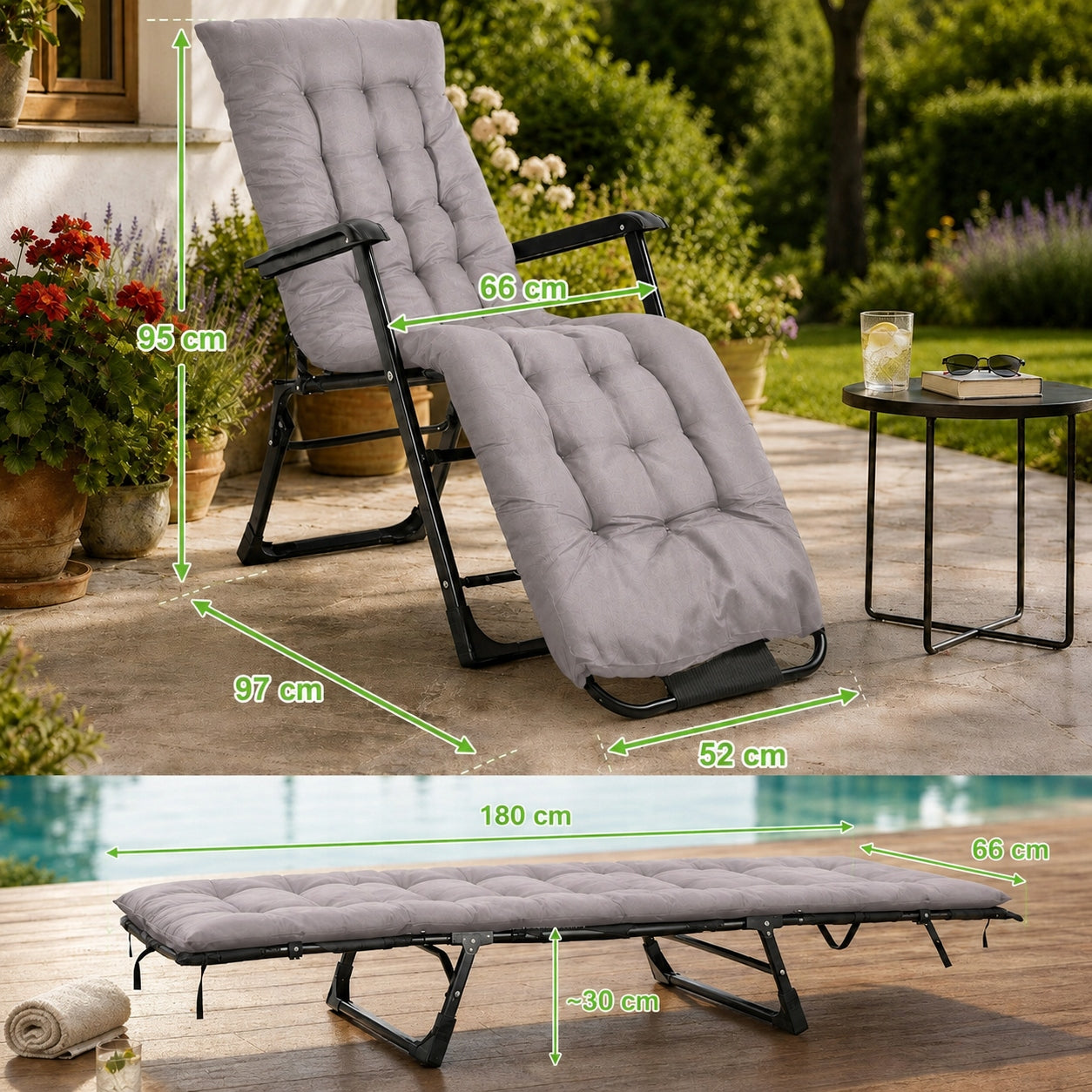 GARDEN CHAIR FOLDING SUN LOUNGER FOLDING CHAIR FOR BALCONY TERRACE WITH PILLOW Color gray
