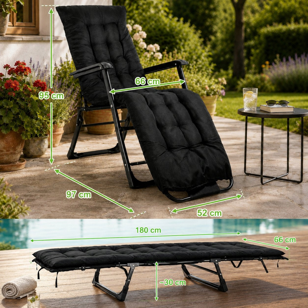 GARDEN CHAIR FOLDING SUN LOUNGER FOLDING CHAIR FOR BALCONY TERRACE WITH PILLOW Manufacturer code GC1000B-KALORIK