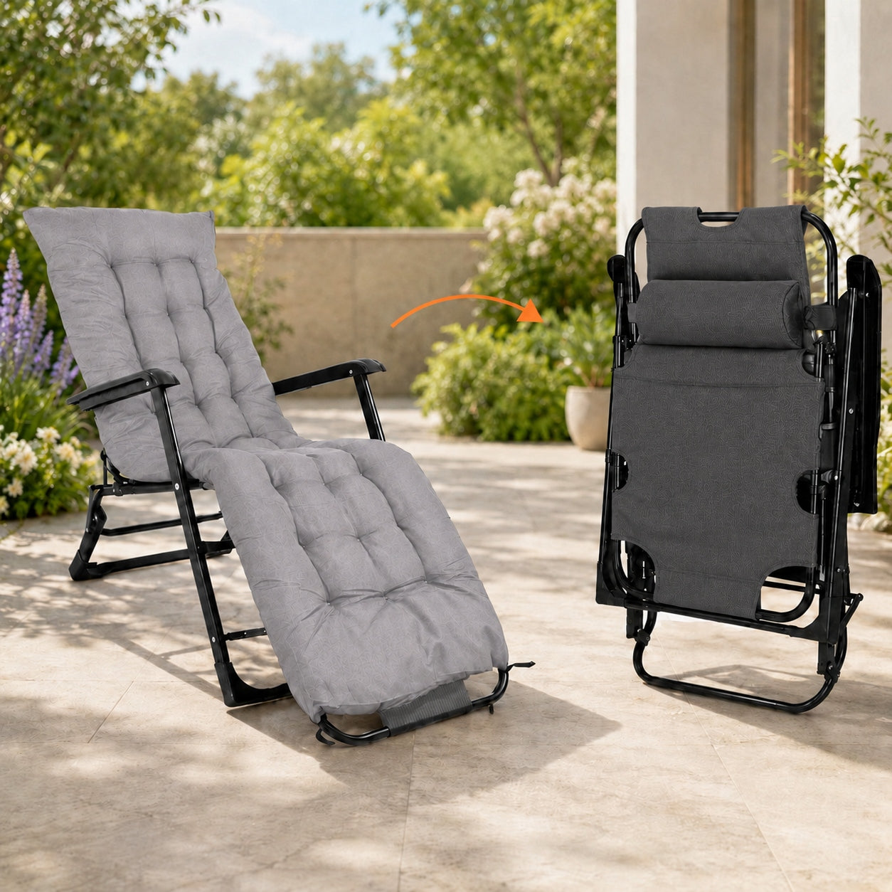 GARDEN CHAIR FOLDING SUN LOUNGER FOLDING CHAIR FOR BALCONY TERRACE WITH PILLOW Packaging status original