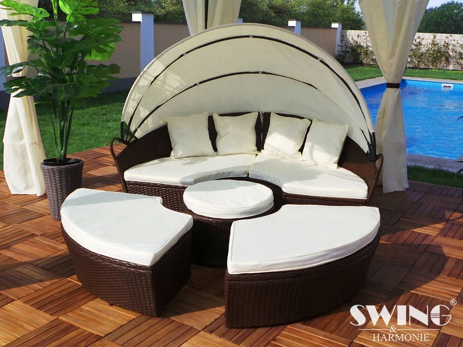 GARDEN COUCH ROUND TERRACE LARGE 210 cm BROWN LED COVER ISLAND SOFA Manufacturer code RI-2101