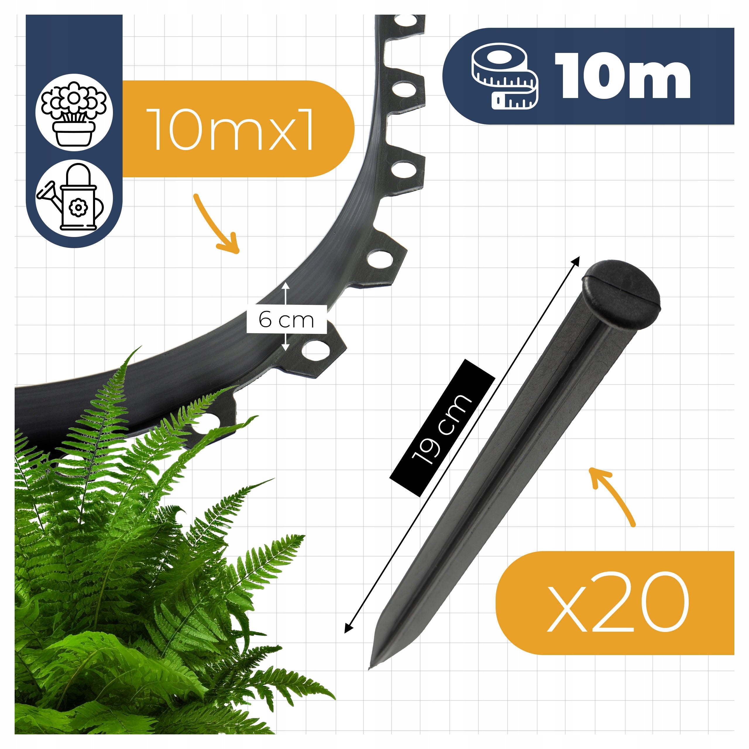 GARDEN EDGING 10M LAWN 6CM + ANCHORS 1X10M BORDER BLACK EDGING Packaging status original