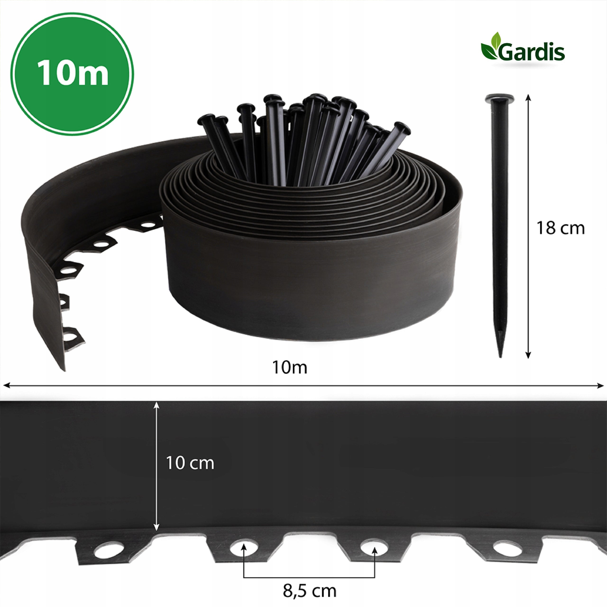 GARDEN EDGING 10m black 10cm lawn border high plastic + anchors Manufacturer code 10/10 czarne